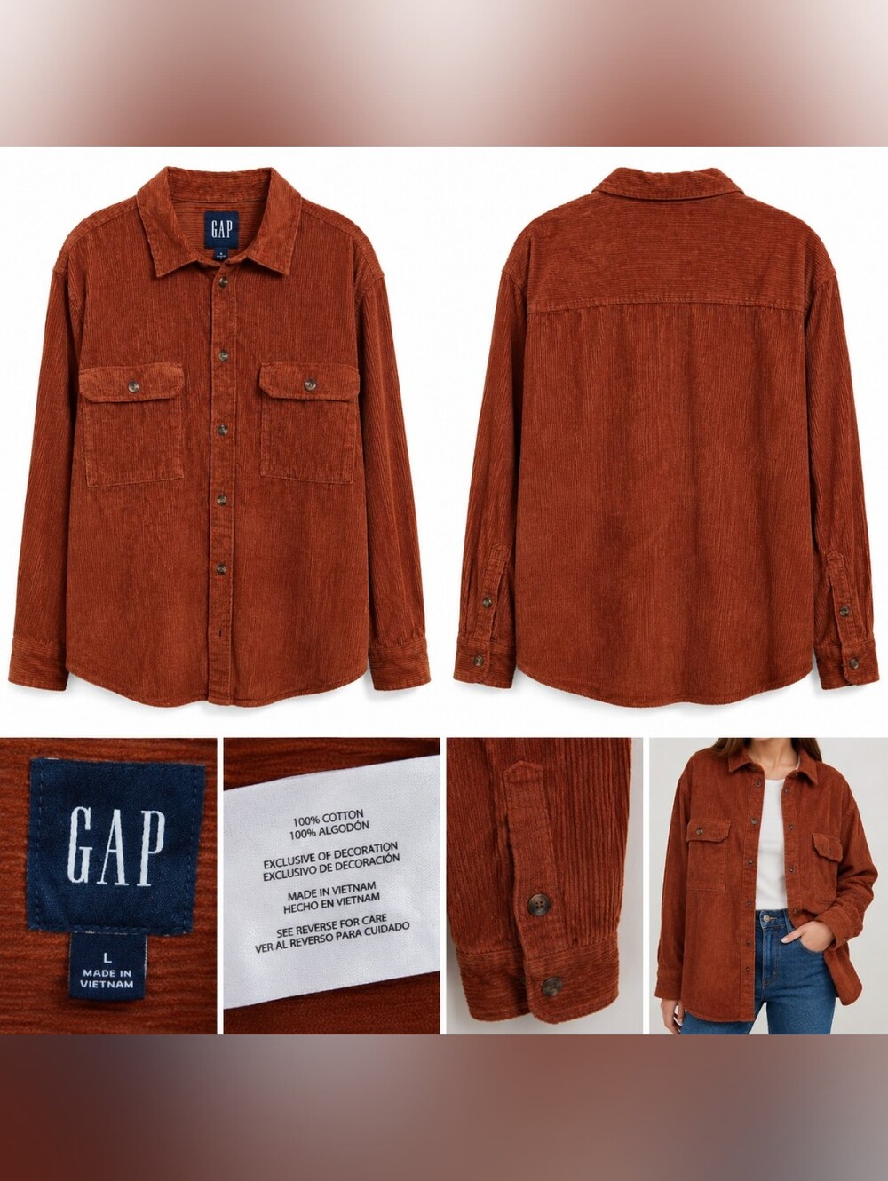 GAP Women’s Large Rust Brown Corduroy Button Down Shirt Overshirt 100% Cotton.